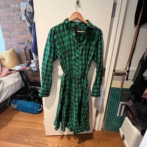 Popo made in Korea plaid green black long sleeve dress midi collared large